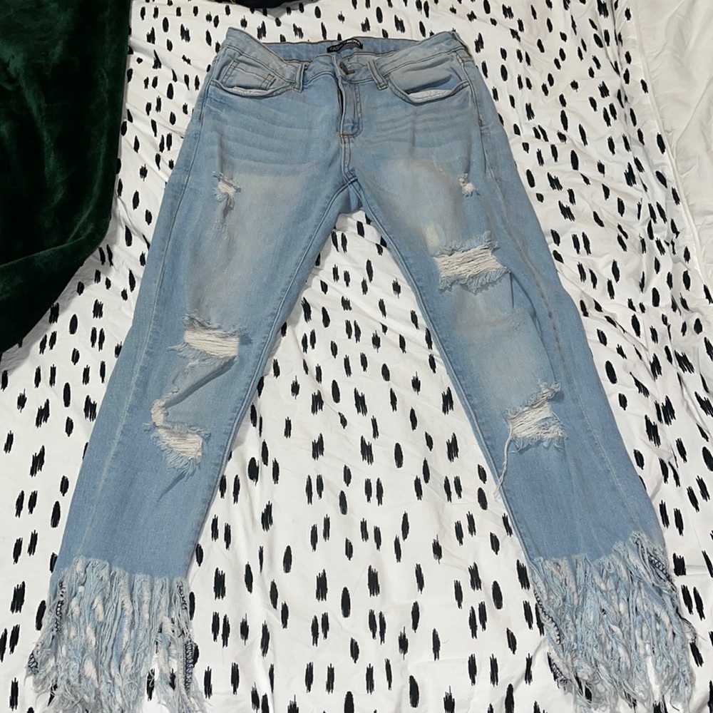Light Denim Distressed Fringe Skinny Jeans